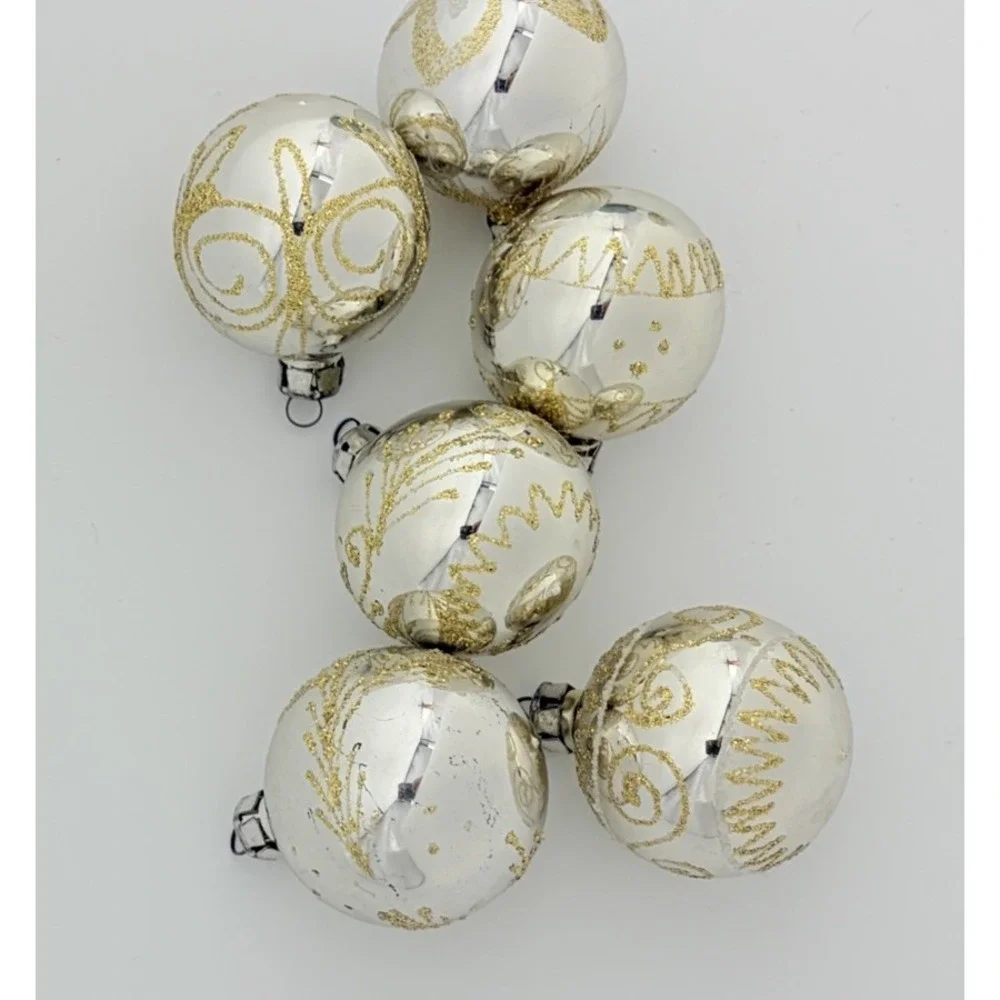 Vintage Glass Christmas Ornaments Silver Gold Mica Stenciled 1.5 Inches Lot of 6
